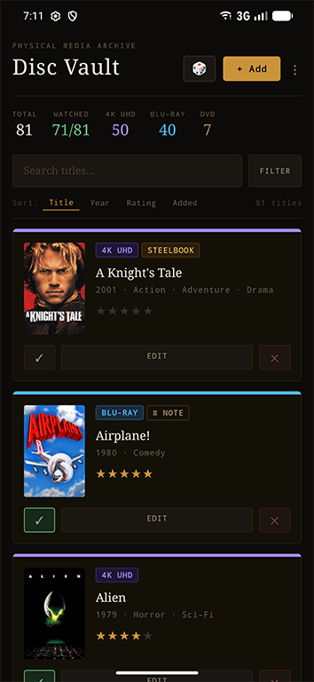 The Disc Vault collection screen showing a shelf of films color-coded by format