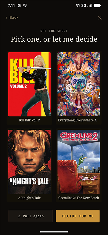 The watch picker offering four unwatched titles to choose from